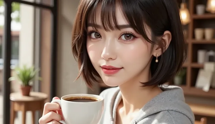 cafe table, cup , one Japanese woman, Fluffy look, bright smiles, short short hair that will distract your eyes,((long slant eyes)),Foxy face,