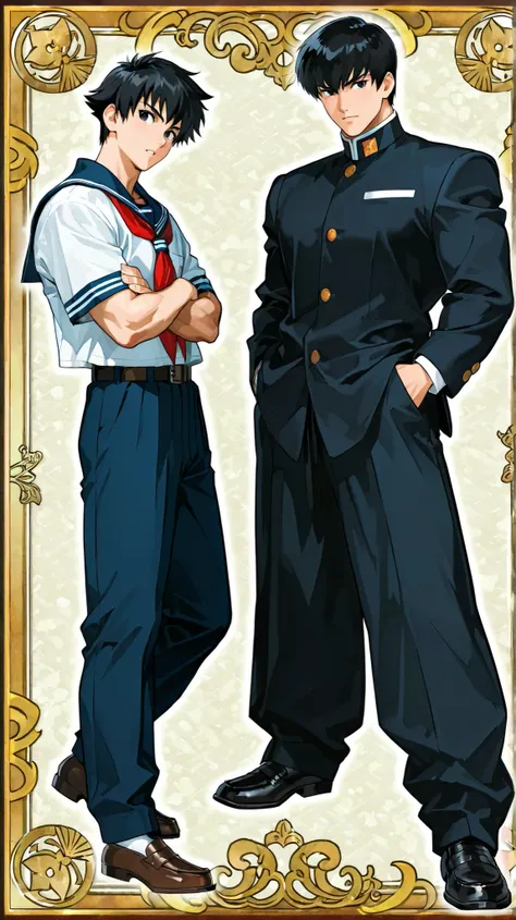 Anime style art, anime style drawing, FRONT PICTURE, full body, muscular male character, protagonist, black eyes, short hair, straight hair, black hair, wears male Japanese school uniform, Full body picture, front picture, Joe Kusanagi, the street fighter ...
