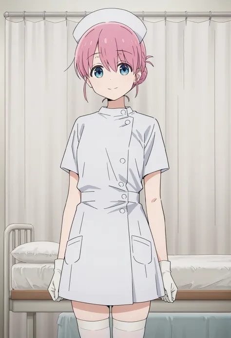 Score_9, score_8_up, score_7_up, source_anime, Michiyo Gotoh (character), 1girl, solo, pink hair, blue eyes, hair bun, (best quality), (high quality), {masterpiece}, extremely delicate and beautiful, ultra-detailed, beautiful detailed eyes, nurse, nurse ha...