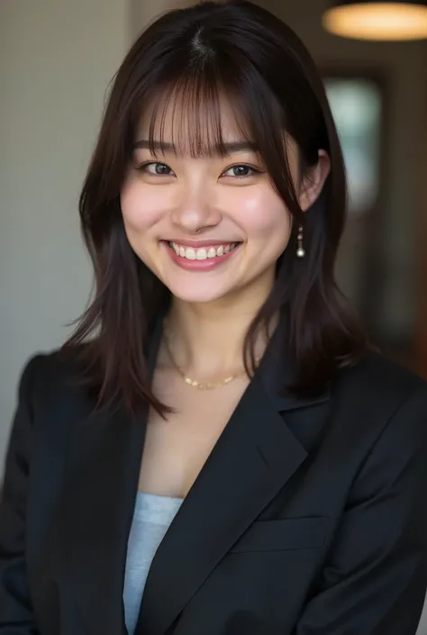 Neat Young Woman、and look at the camera、smile showing teeth、office lady suit、jacket、shirt、黒髪、、耳にピアス、 、dark eyeshadow、upper body、Background is in a room、

