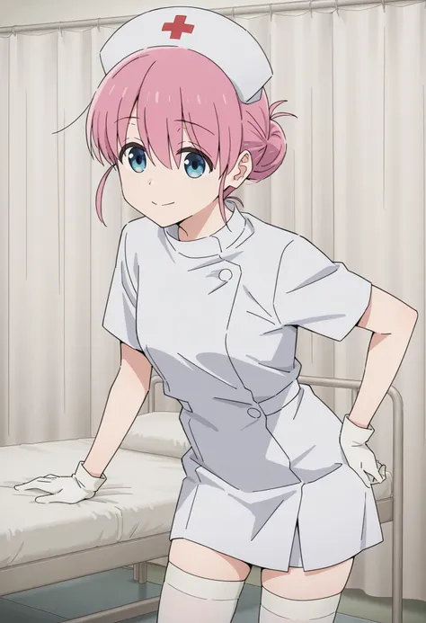 Score_9, score_8_up, score_7_up, source_anime, Michiyo Gotoh (character), 1girl, solo, pink hair, blue eyes, hair bun, (best quality), (high quality), {masterpiece}, extremely delicate and beautiful, ultra-detailed, beautiful detailed eyes, nurse, nurse ha...