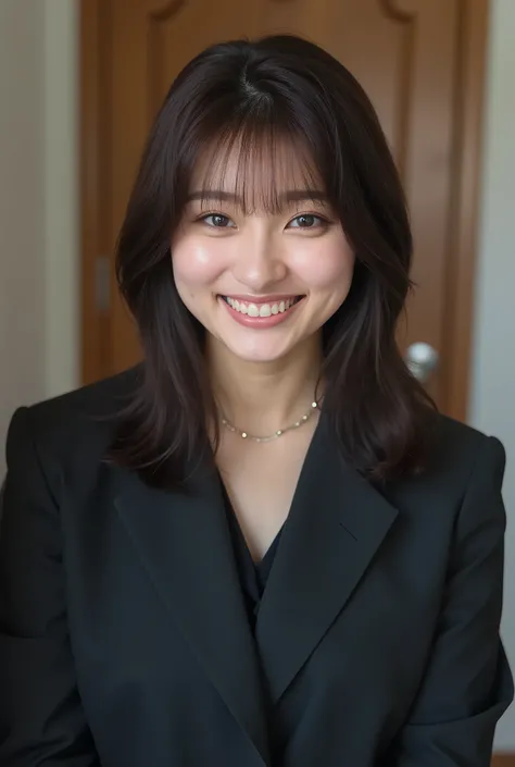 Neat Young Woman、and look at the camera、smile showing teeth、office lady suit、jacket、shirt、、、耳にピアス、 、dark eyeshadow、upper body、Background is in a room、

