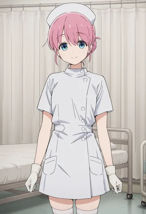 Score_9, score_8_up, score_7_up, source_anime, Michiyo Gotoh (character), 1girl, solo, pink hair, blue eyes, hair bun, (best quality), (high quality), {masterpiece}, extremely delicate and beautiful, ultra-detailed, beautiful detailed eyes, nurse, nurse ha...