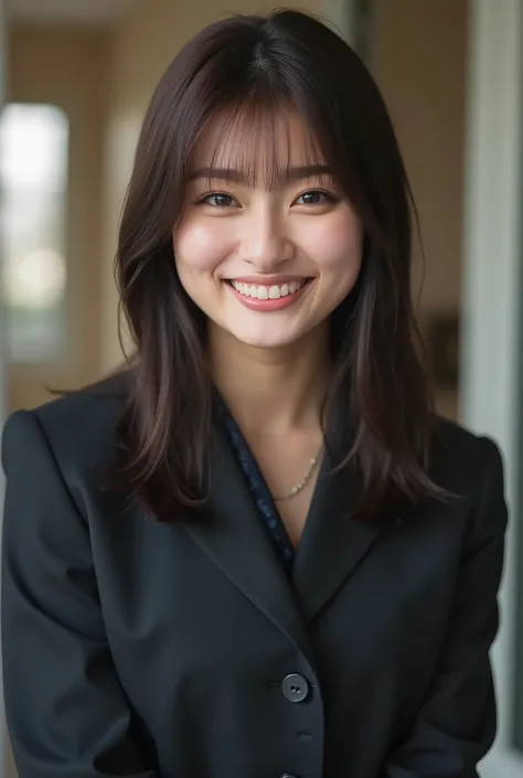 Neat Young Woman、and look at the camera、smile showing teeth、office lady suit、jacket、shirt、薄い茶髪、、、耳にピアス、 、dark eyeshadow、、Background is in a room、

