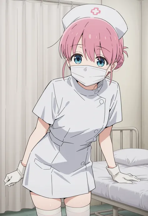 Score_9, score_8_up, score_7_up, source_anime, Michiyo Gotoh (character), 1girl, solo, pink hair, blue eyes, hair bun, (best quality), (high quality), {masterpiece}, extremely delicate and beautiful, ultra-detailed, beautiful detailed eyes, nurse, nurse ha...