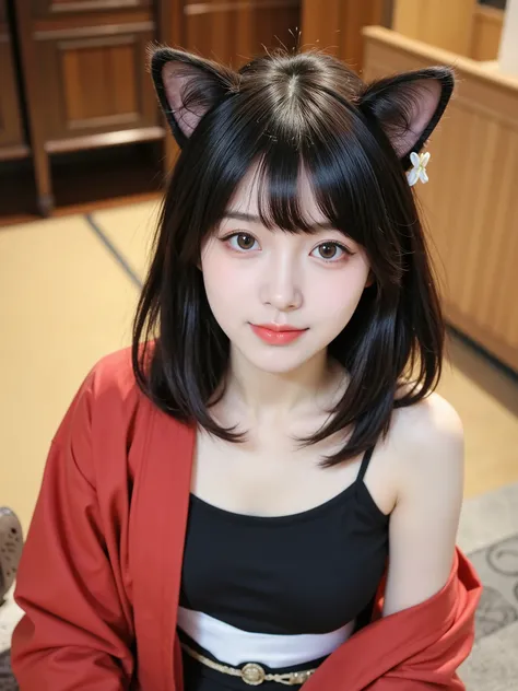 1 person, Full Body, Cat ears, cute, bob cut, Japanese woman, camisole, W-Sitting, upper eyelid, composition from above, soft smile, charming expression, Delicate Features, Fine Textures, Warm Lighting, Traditional Japanese Style Background, beautiful kimo...