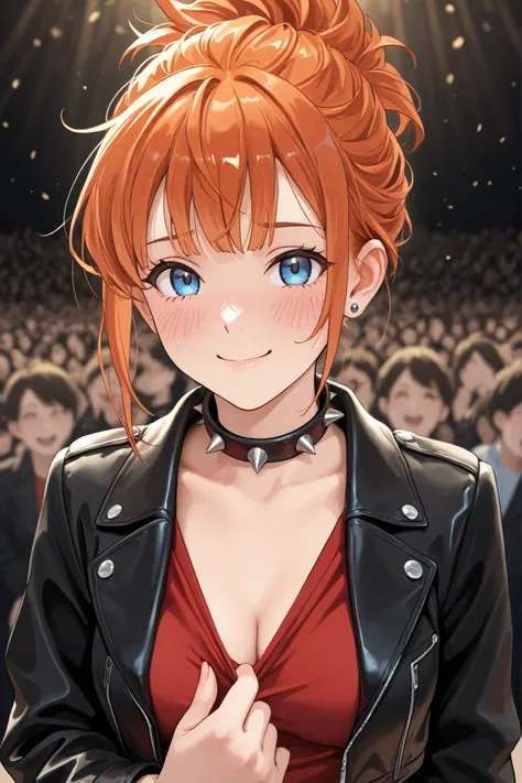 1girl, music concert, smile, blue eyes, windy hair, windswept hair, red shirt, black jacket, cropped jacket, ginger hair, crowded concert, crowd, stud earrings, shirtpull1, pulled by self, clothes pull, shirt pull, pulling own clothes, looking at viewer, b...