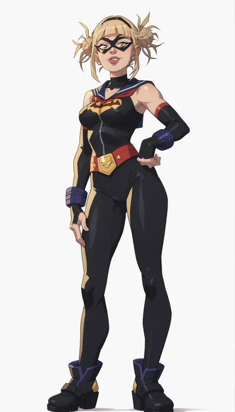 My Hero Academia style, medium breast, wide thighs, wide hips, Himiko Toga, Hero costume, full body costume, black costume, costume with bat badge on chest, costume with bat badge, bat badge on chest, Black domino mask, domino mask, black mask, covered fac...