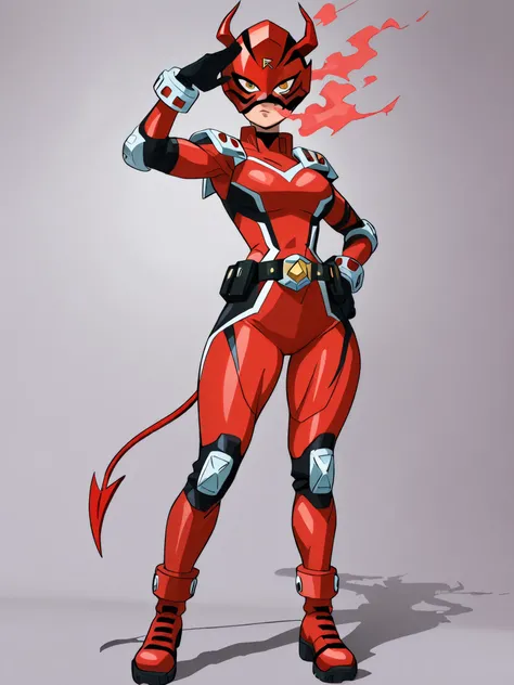(My Hero Academia Style), (High quality), masterpiece, best quality, 1girl, solo, (Power Ranger suit), (Red Power Ranger Suit), (Red Ranger Suit), Red hero costume suit, futuristic neon red armor with bright gold details, Hero pose, Red Devil Ranger Helmet...