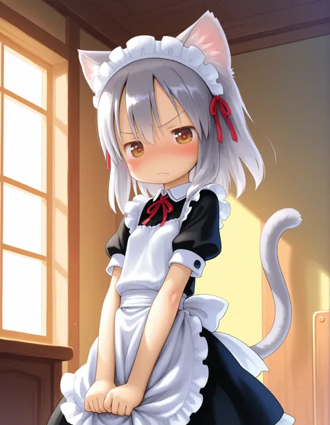 tsukushi akihito, 1girl,petite,(skinny and frail:0.7),
cat girl,maid,
brown eyes,looking at viewer,
grey hair,medium hair,
blush,annoyed,
tail raised,
indoors,
grey tail,
masterpiece,best quality,amazing quality,