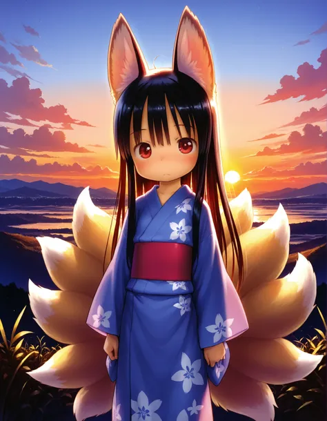 tsukushi akihito, 1girl, (skinny and frail:0.5),
kitsune,
looking at viewer,
black hair, long hair,
fox ears, multiple tails, 
yukata, 
sunset, 
(young),
cinematic, detailed, contrast,
masterpiece,best quality,amazing quality,