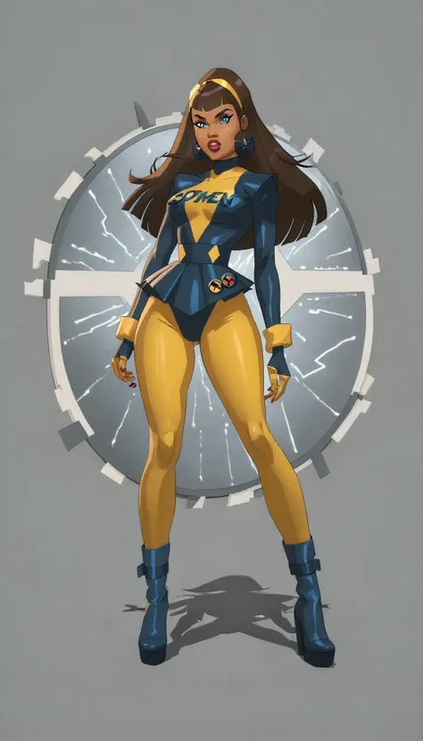(masterpiece), (best quality), ((Nicki Minaj)), makeup, (brown skinned female), (thick thighs), ((small breasts:1:1)), ((wide waist)), hair with bangs, ((storm from x-men outfit)), ((grey background)), (full body photo:1.5) contoured,