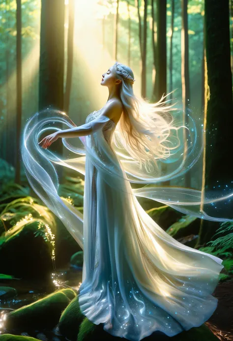 (Highest Quality,4K,8k,high resolution,masterpiece:1.2), very detailed, (Practical,suitable for photography,Practical Photography:1.37), Deep in the Enchanted Forest, treeの葉の間からフィルターされた柔らかな月光に浴しています, a beautiful figure stands. she is an elf witch., Her lon...