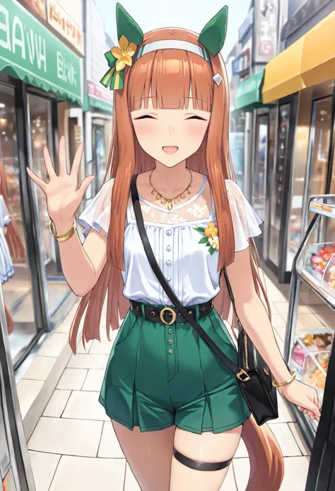 (masterpiece, best quality, perfect face:1.4), wide angle, silence suzuka \(umamusume\), horse ears, ear cover, white headband, small breasts, horse tail, tail on the lower back, proportional body, proportional,1 girl, beautiful hair, beautiful face, beaut...