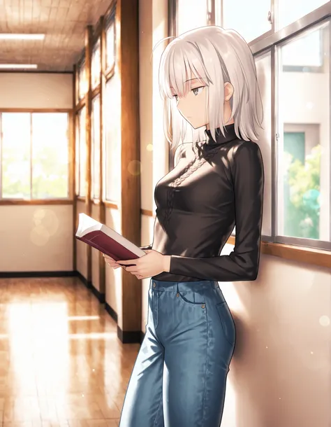 masterpiece, , absurdres, highres, detailed background, high resolution, masterpiece, necessary, detail, best quality, quality, necessary, details, High details, Precise, 8k, indoors,(school, hallway),day lens flare, blurry background, from side,          ...