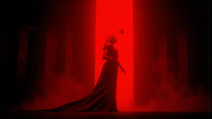 A lonely female figure stands in a dramatic backdrop,her thick eyebrows like the wind,Long eyelashes like a black night sky,reflects her deep eyes,radiates a quiet glow,shines like melted gold in the cold wind。Her slightly open lips,captures a hint of ligh...