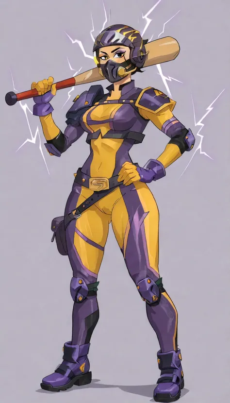 (My Hero Academia Style), (High Quality), 1girl, solo, Anthro, (cuerpo Atlético), (Yellow Asymmetric Full Body Motorcycle Suit with Purple Lines), (Purple motorcycle helmet with yellow eyewear), (Purple biker knee boots with yellow details), (Baseball bat ...