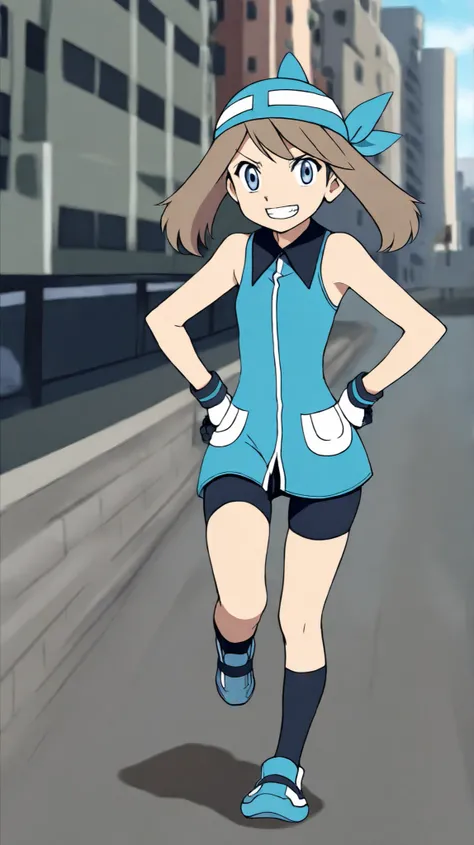 left hands on hips, black knee high socks, thighs, Blue shoes, ((anime screenshot, anime coloring, )) SapphireBirchILXL, ((Highest Quality)), ((masterpiece)), ((details)), solo, 1girl, two legs, two arms, adult older sister, tall, anime coloring book, 1 wo...