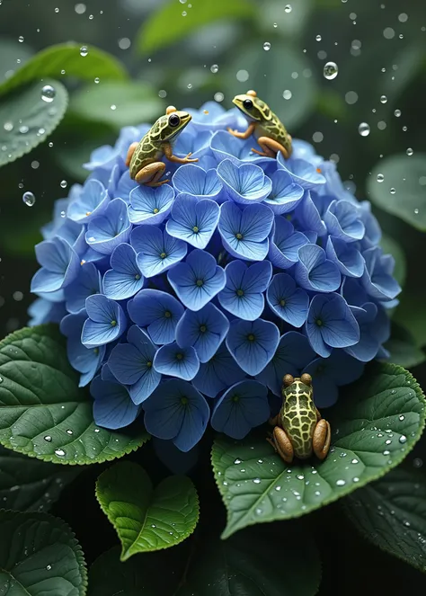 Hydrangea flower close-up、There are rain frogs on leaves、rain drops on flowers and leaves、Realistic and high-resolution