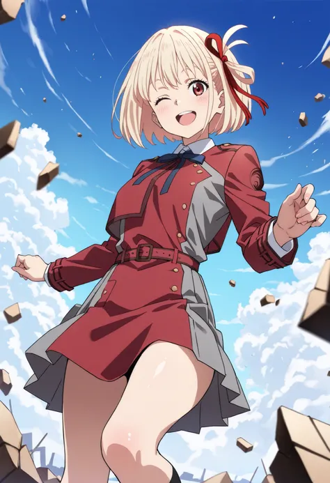 (masterpiece, best quality, perfect face:1.4), wide angle, chisato nishikigi \(Lycoris Recoil\), short hair, bangs, blonde hair, red eyes, hair ribbon, one side up, bob cut, proportional body, proportional,1 girl, beautiful hair, beautiful face, beautiful ...