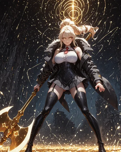  A young female character , fundo preto, with the same height and physical type as Mash from Fate Grand Order. She has long blond hair tied in a ponytail, like Artoria Pendragon Ruler from Fate Grand Order, and the same facial features as Artoria Pendragon...