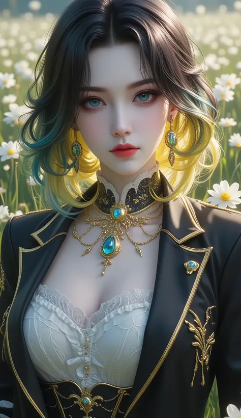 (masterpiece, detailed:1.2), semi-realistic, Voluptuous woman, mature woman, fierce woman, tomboy women, gradient hair, asymmetrical bob haircut, parted bangs, aqua eye, glossy lips, expressionless, gothic, thick eyelash , black hair, yellow gradient highl...