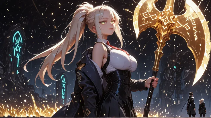  A young female character , fundo preto, with the same height and physical type as Mash from Fate Grand Order. She has long blond hair tied in a ponytail, like Artoria Pendragon Ruler from Fate Grand Order, and the same facial features as Artoria Pendragon...