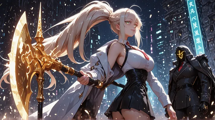 A young female character , fundo preto, with the same height and physical type as Mash from Fate Grand Order. She has long blond hair tied in a ponytail, like Artoria Pendragon Ruler from Fate Grand Order, and the same facial features as Artoria Pendragon...