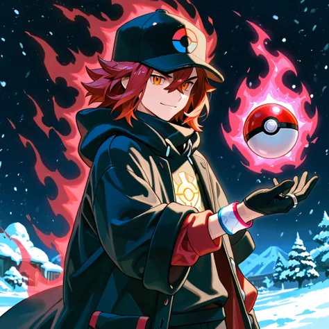 score_9, selvagem, Fifteen years boy,male character, solo boy, confident expression. Raised hair, short medium hair, baseball cap with a symbol of pokeball, red hair, beautiful face, orange eyes, black jersey, loose red short-sleeved overcoat, pair of medi...