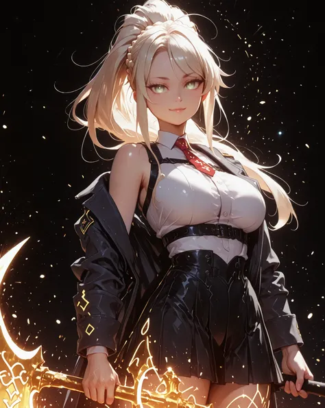 A young female character, black background, with the same height and body type as Mash from Fate Grand Order. She has long blonde hair tied in a ponytail, like Artoria Pendragon Ruler from Fate Grand Order, and the same facial features as Artoria Pendragon...