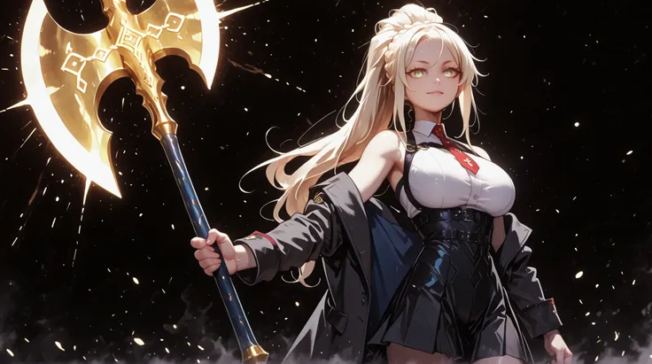 A young female character, black background, with the same height and body type as Mash from Fate Grand Order. She has long blonde hair tied in a ponytail, like Artoria Pendragon Ruler from Fate Grand Order, and the same facial features as Artoria Pendragon...