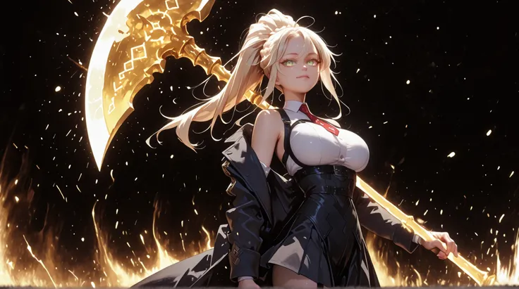 A young female character, black background, with the same height and body type as Mash from Fate Grand Order. She has long blonde hair tied in a ponytail, like Artoria Pendragon Ruler from Fate Grand Order, and the same facial features as Artoria Pendragon...
