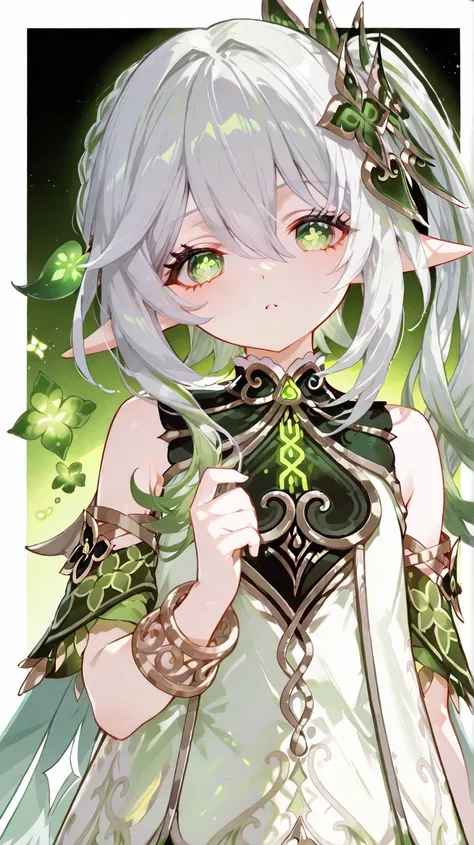Quality(masterpiece、最高Quality、high resolution、beautiful face in every detail、anatomically correct、detailed depiction)、nahida, 1girl, nahida (genshin impact), long hair, side ponytail, pointy ears, white hair, hair ornament, green hair, green eyes, ((cross-shaped pupils:1.3)), hair between eyes, grey hair, multicolored hair, bracelet,Background,(Design a four-leaf clover、Yellow-green glow)、The whole body is visible。