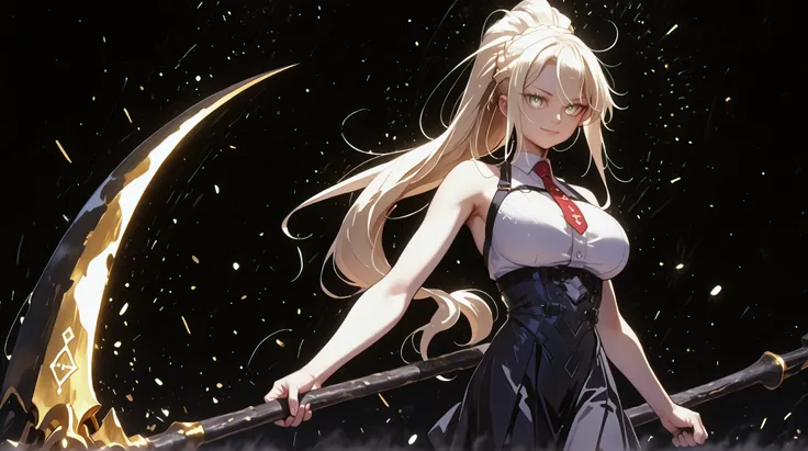 A young female character, black background, with the same height and body type as Mash from Fate Grand Order. She has long blonde hair tied in a ponytail, like Artoria Pendragon Ruler from Fate Grand Order, and the same facial features as Artoria Pendragon...