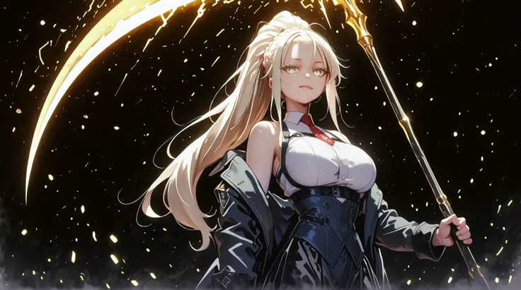A young female character, black background, with the same height and body type as Mash from Fate Grand Order. She has long blonde hair tied in a ponytail, like Artoria Pendragon Ruler from Fate Grand Order, and the same facial features as Artoria Pendragon...