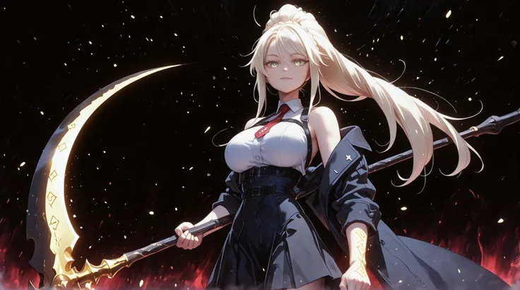 A young female character, black background, with the same height and body type as Mash from Fate Grand Order. She has long blonde hair tied in a ponytail, like Artoria Pendragon Ruler from Fate Grand Order, and the same facial features as Artoria Pendragon...