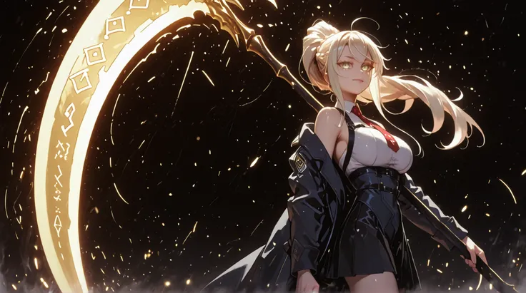 A young female character, black background, with the same height and body type as Mash from Fate Grand Order. She has long blonde hair tied in a ponytail, like Artoria Pendragon Ruler from Fate Grand Order, and the same facial features as Artoria Pendragon...