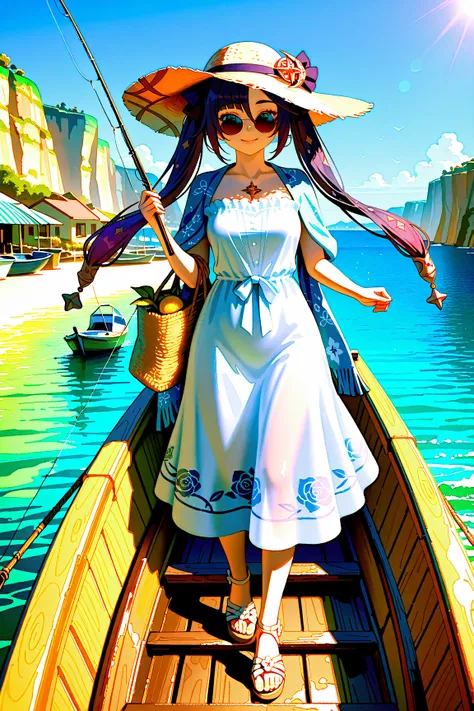 mona_(genshin_impact), (realistic:1.2), (photorealistic:1.2), (ultra detailed:1.3), (high resolution:1.3), 8k, sharp focus, intricate details, vibrant colors, clear lines, joyful expression, mischievous smile, dynamic pose, walking, exploring, (wearing a flowy white dress with blue floral patterns:1.2), (a light shawl draped over her shoulders:1.1), (a woven straw tote bag:1.2), (elegant sandals with leather straps:1.1), (wearing fashionable round sunglasses:1.1), (holding a delicious gelato:1.2), surrounded by vibrant bougainvillea flowers, clear blue sky, bright sunny day, (colorful houses clinging to steep cliffs of Amalfi Coast, terraced vineyards and lemon groves, deep blue Tyrrhenian Sea, charming coastal town with narrow streets, fishing boats in the harbor:1.3), happy tourists in the background, (natural lighting:1.1), (golden hour lighting:1.1), (exotic scenery:1.2)