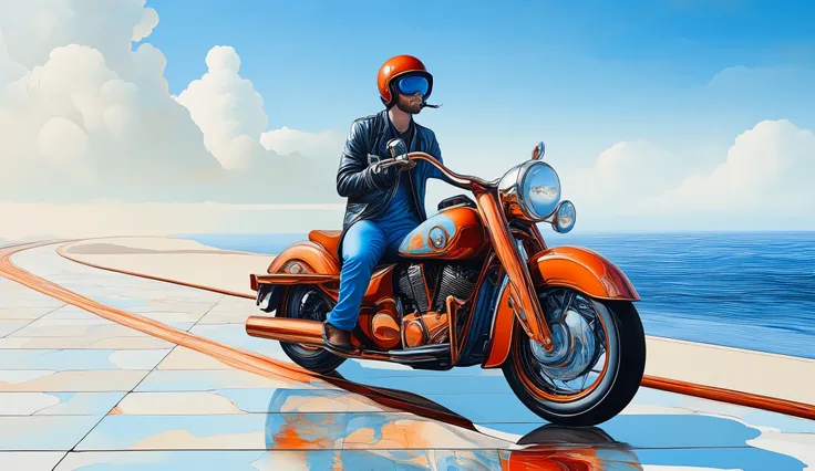 ben goossens and james jean art style , A motorcycle ride along a coastal highway with ocean views, marblelized color palette Maximum Blue, Battery Charged Blue, Orange Soda, Burnt Umber, Indian Red