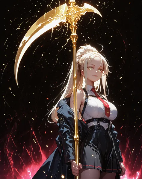 A young female character, black background, with the same height and body type as Mash from Fate Grand Order. She has long blonde hair tied in a ponytail, like Artoria Pendragon Ruler from Fate Grand Order, and the same facial features as Artoria Pendragon...
