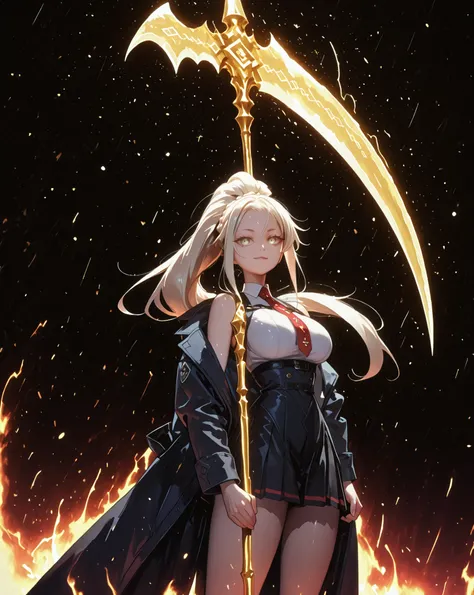 A young female character, black background, with the same height and body type as Mash from Fate Grand Order. She has long blonde hair tied in a ponytail, like Artoria Pendragon Ruler from Fate Grand Order, and the same facial features as Artoria Pendragon...