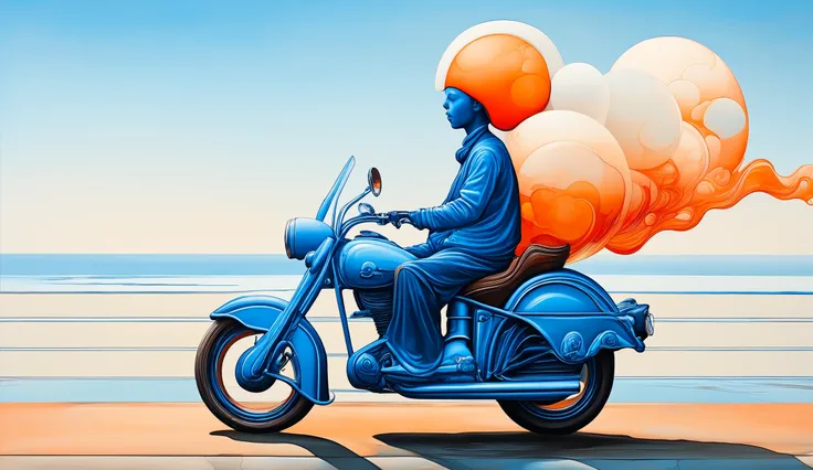 ben goossens and james jean art style , A motorcycle ride along a coastal highway with ocean views, marblelized color palette Maximum Blue, Battery Charged Blue, Orange Soda, Burnt Umber, Indian Red