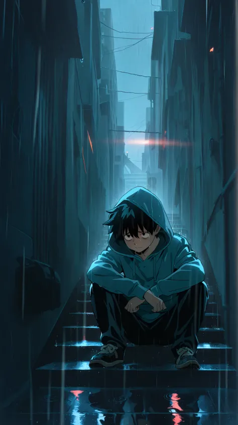 masterpiece, best quality, amazing quality, very aesthetic, delicate illustration, high resolution, ultra-detailed, Anime-style boy sitting alone on a staircase of a building in light rain, dark city alley, sad face but determined eyes, slow motion, wearin...