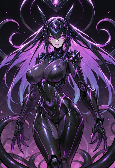 Kaijin Girl. Mechanical head. Metallic skin. Pink lips. Mechanical eyes. Wide eyes. Glowing purple eyes. Glossy. Black body. Purple lines all over the body. Sharp claws. Pert breasts. Slender waist. Thighs. Black tentacles. Spiky. Studs. Biological lumines...