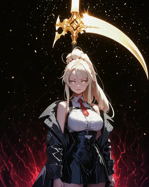 A young female character, black background, with the same height and body type as Mash from Fate Grand Order. She has long blonde hair tied in a ponytail, like Artoria Pendragon Ruler from Fate Grand Order, and the same facial features as Artoria Pendragon...