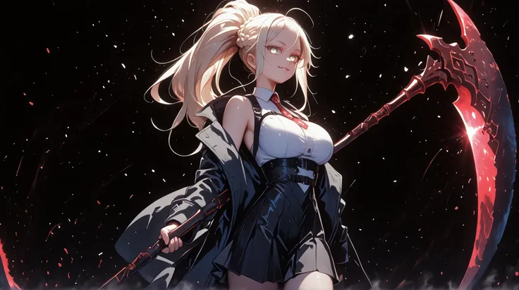  A young female character , fundo preto, com a mesma altura e tipo de corpo de Mash from Fate Grand Order. She is wearing a white dress and a white dress, like Artoria Pendragon Ruler from Fate Grand Order, and the same face appears as Artoria Pendragon Ru...