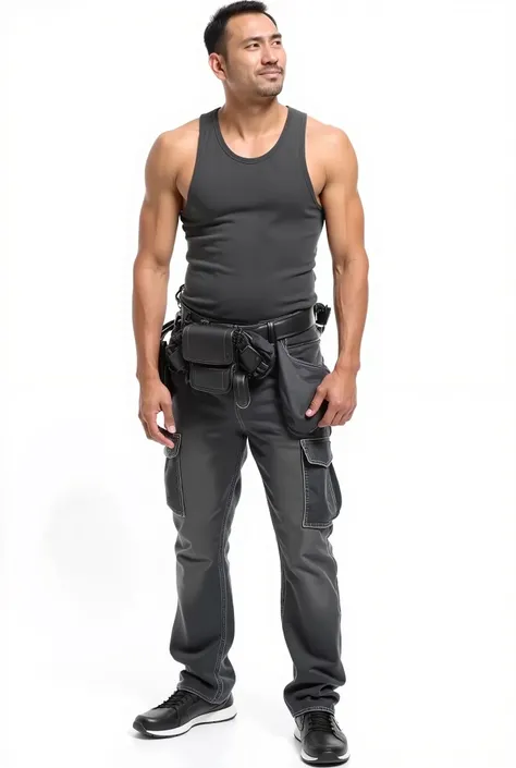 A male cameraman with backpain. Isolated on white background, png