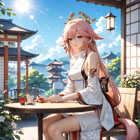 Yae Miko from Genshin Impact,fox woman,invisible nine tails sitting at an outdoor restaurant table, enjoying summer near Tokyo, Japan, wearing a stylish summer yukata, warm sunlight, blue sky, gentle breeze, flowers and greenery around, city skyline in the...