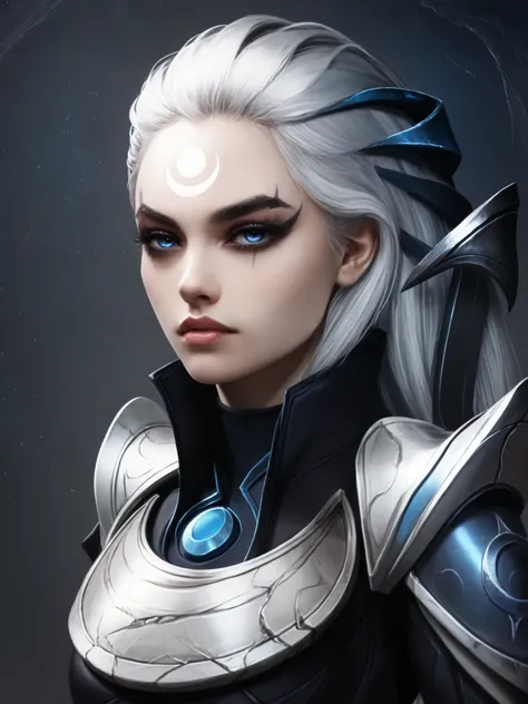 Highly detailed, stylized digital illustration, Diana, league of legends, goth girl, long silver hair, blue eyes, dark armor with silver and blue details, crescent-shaped shoulder pads and greaves, neutral background, front view, upper body illustration.