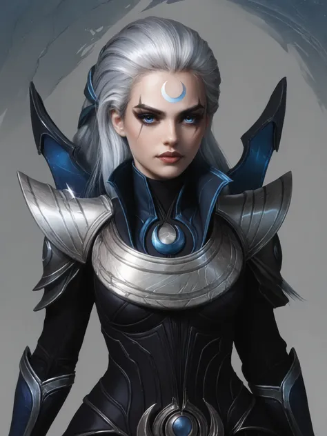 Highly detailed, stylized digital illustration, Diana, league of legends, goth girl, long silver hair, blue eyes, dark armor with silver and blue details, crescent-shaped shoulder pads and greaves, neutral background, front view, upper body illustration.